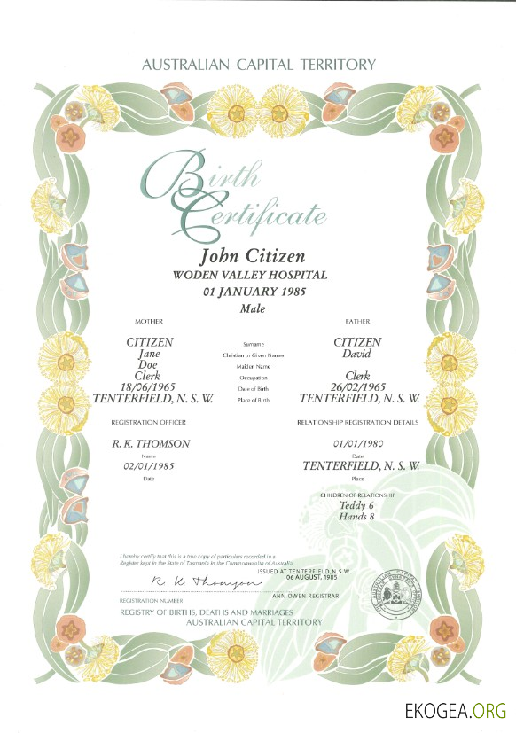 Australie Modèle de certificat de naissance décoratif (commémoratif) du Territoire de la capitale australienne au format PSD